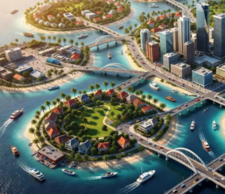 Isometrický přehled ostrovů ve hře City Island 5 se souostrovím měst a mostů