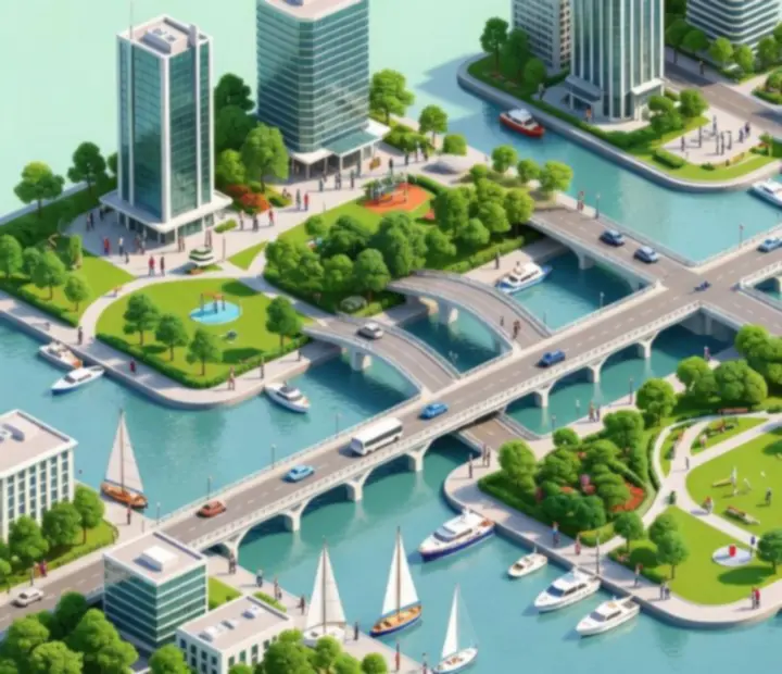 Isometrický letecký pohled na město v City Island 5 s mosty a tropickými ostrůvky