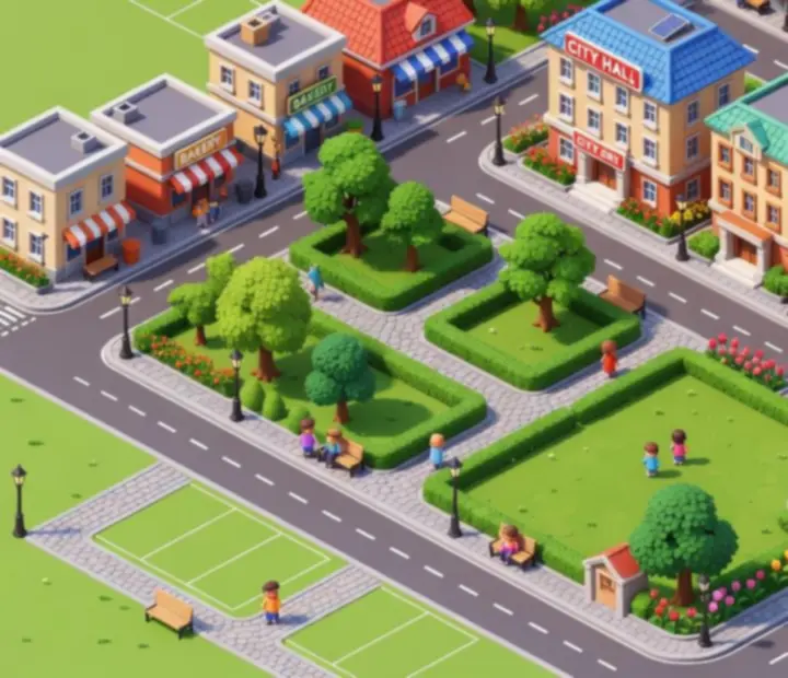 Ukázkové rozvržení města v City Island 5 v isometrickém stylu